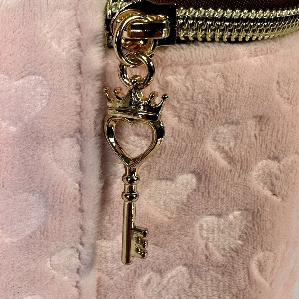 Juicy Couture Velour Cosmetic Bag Set Pink Embossed Hearts Gold Crest